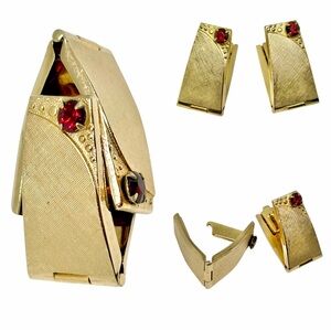 Vintage Gold Tone Faux Ruby Red Crystal Men’s Cufflink Locking Art Deco Clips